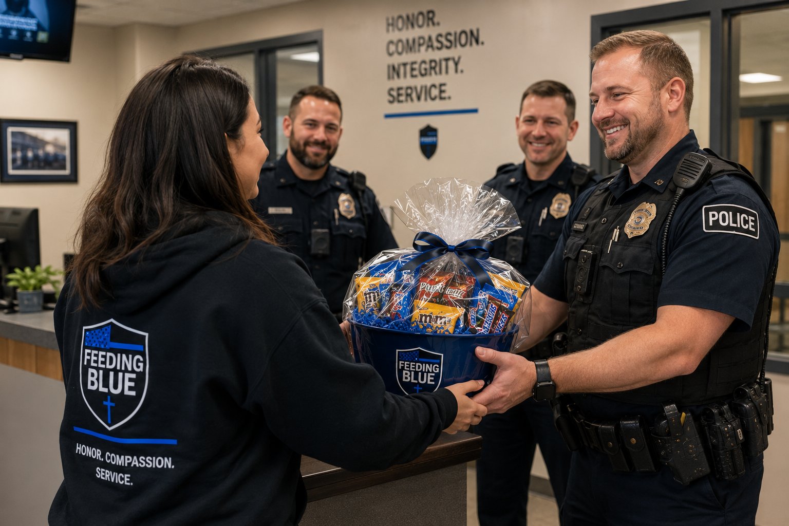 A Feeding Blue volunteer delivering a care basket to law enforcement officers
