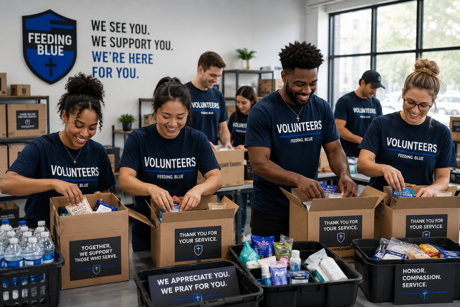 Feeding Blue volunteers packing care packages for law enforcement families